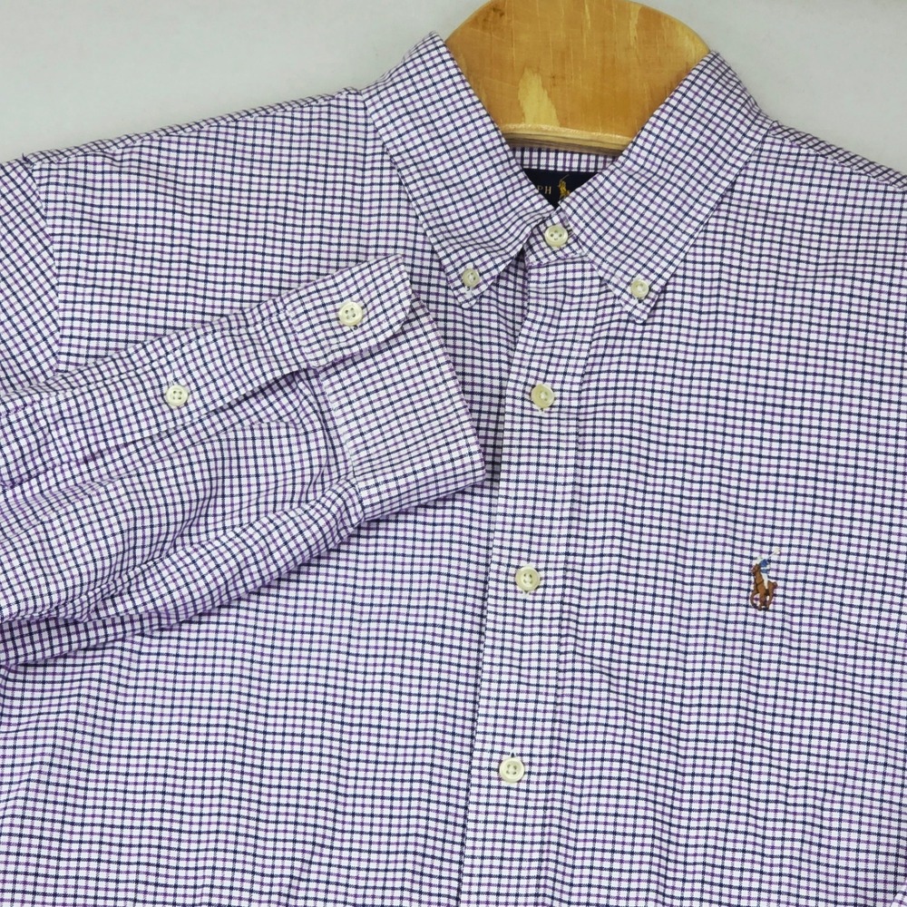 Ralph Lauren‎ Men's Shirt XL Custom Fit Gingham Check Purple Button Down